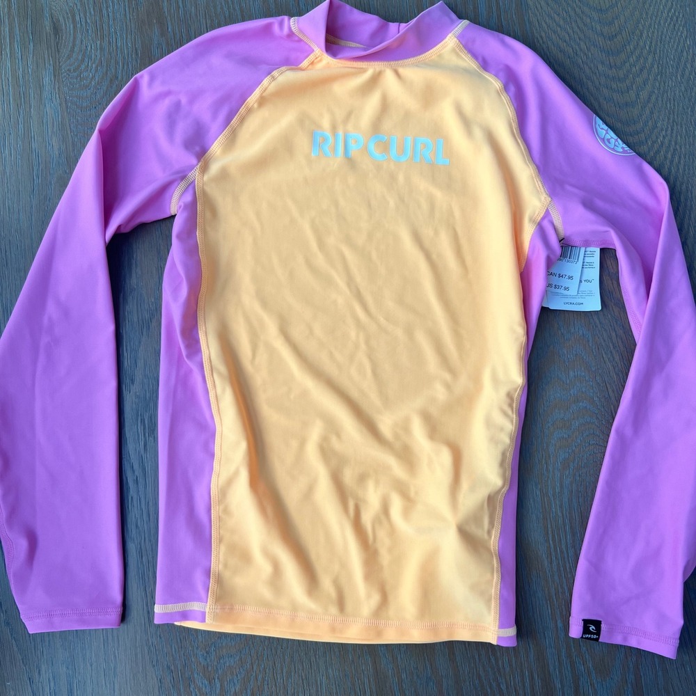 Rip Curl Kids Classic Surf Long Sleeve Rash Guard Orange Purple UPF 50+ Size 12